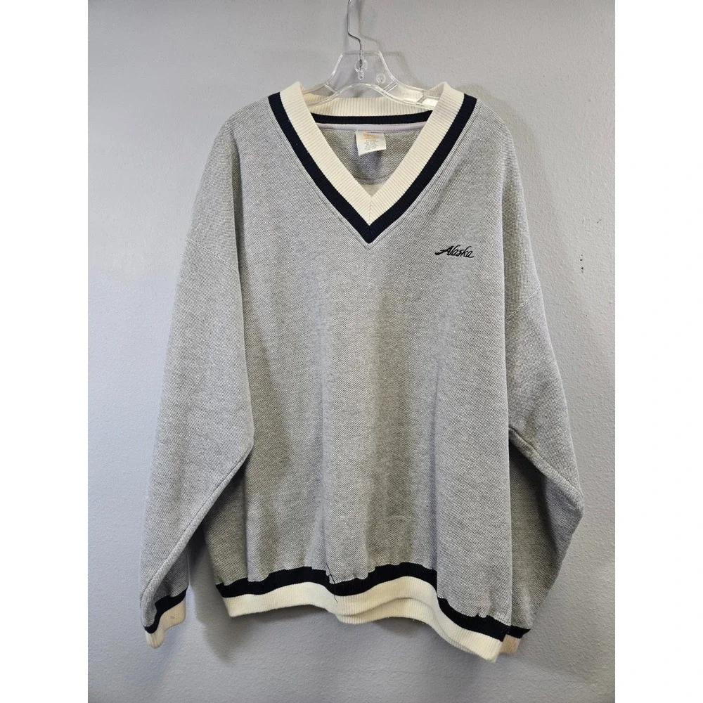 BAC Premier Alaska Vintage Collegiate V-Neck Knit Pullover Sweater Gray XL